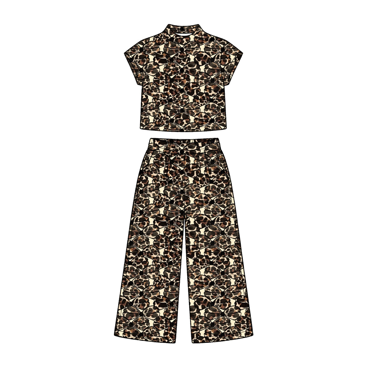Preorder (moq 5) Baby Girl Clothes Leopard Bow Allover Print Short Sleeve Mock Neck Crop Top Wide Leg Pants Set