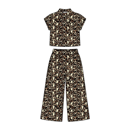 Preorder (moq 5) Baby Girl Clothes Leopard Bow Allover Print Short Sleeve Mock Neck Crop Top Wide Leg Pants Set