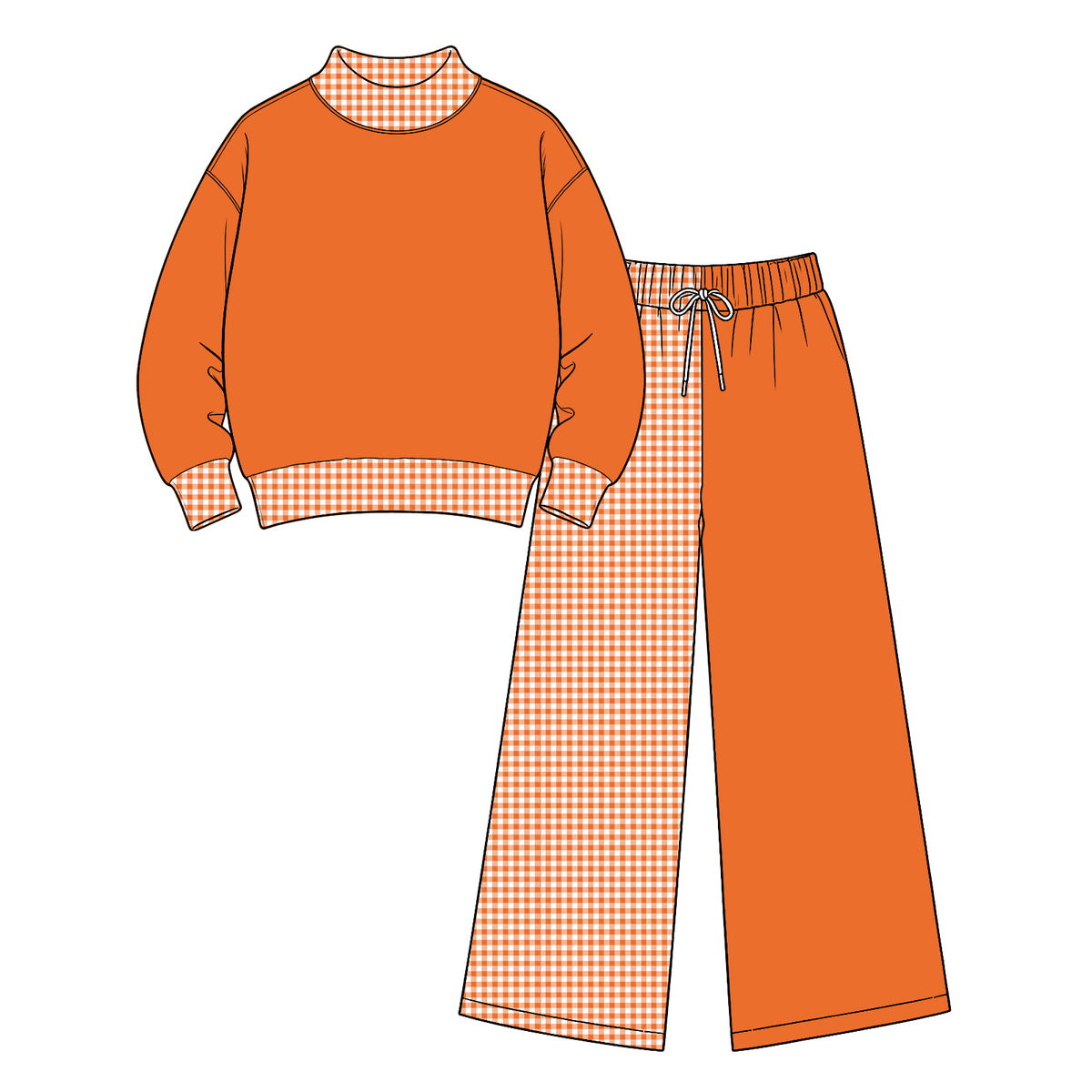 Preorder (moq 5) Baby Girl Clothes Orange Solid Gingham Patchwork Print Long Sleeve Wide Leg Pant Set
