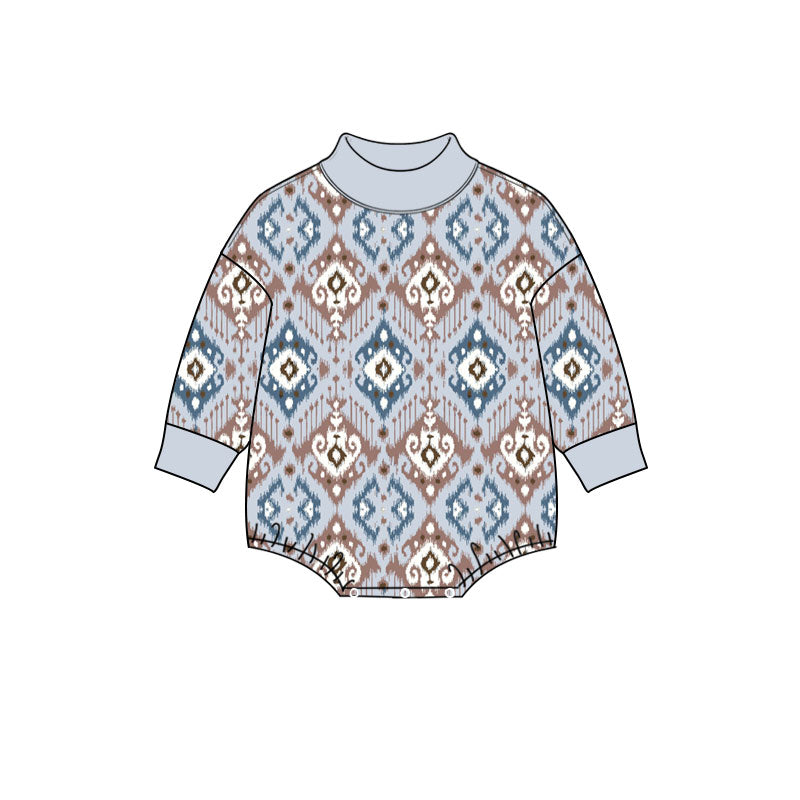 Preorder (moq 5) Baby Clothes Blue Brown Ikat Aztec Print Long Sleeve Mock Neck Bubble Romper