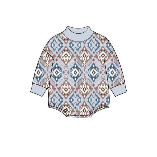 Preorder (moq 5) Baby Clothes Blue Brown Ikat Aztec Print Long Sleeve Mock Neck Bubble Romper
