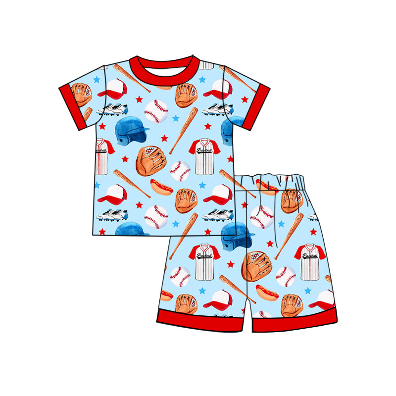 Preorder (moq 5) Boys Outfit Baseball Glove Bat Hot Dog Print Short Sleeve Top And Shorts Set