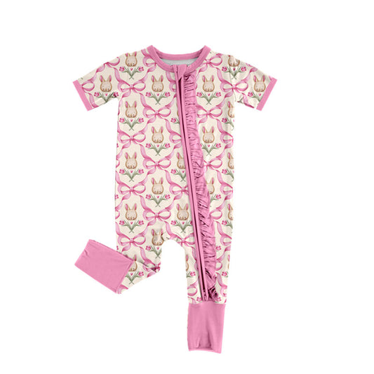 Preorder (moq 5) Baby Girl Clothes Easter Bunny Pink Bow Tulip Print Short Sleeve Zipper Ruffle Romper
