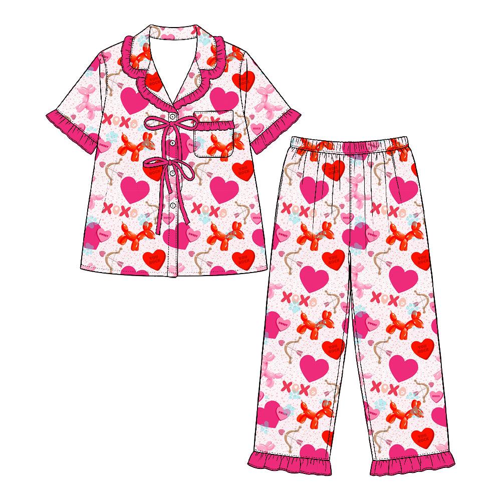 Preorder (moq 5) Baby Girl Clothes Valentine Heart Balloon Dog Mixed Print Short Sleeve Ruffle Pajama Set