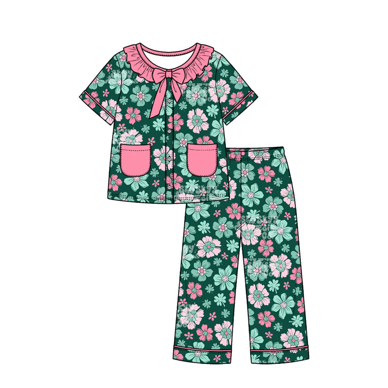 Preorder (moq 5) Girls St Patrick Pajamas Dark Green Floral Print Ruffle Collar Bow Short Sleeve Top Long Pants Set
