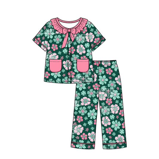 Preorder (moq 5) Girls St Patrick Pajamas Dark Green Floral Print Ruffle Collar Bow Short Sleeve Top Long Pants Set