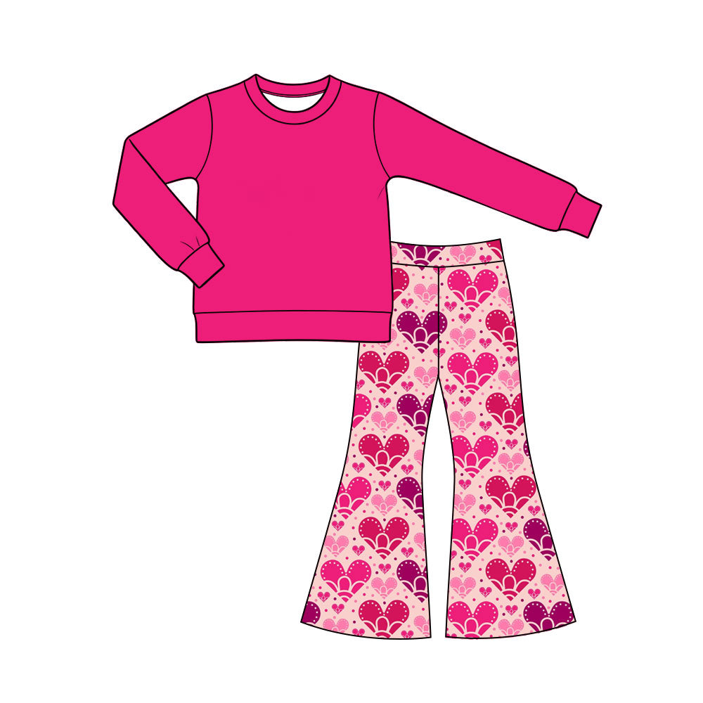 Preorder (moq 5) Baby Girl Clothes Solid Hot Pink Top Ombre Heart Print Flare Pants Outfit Set