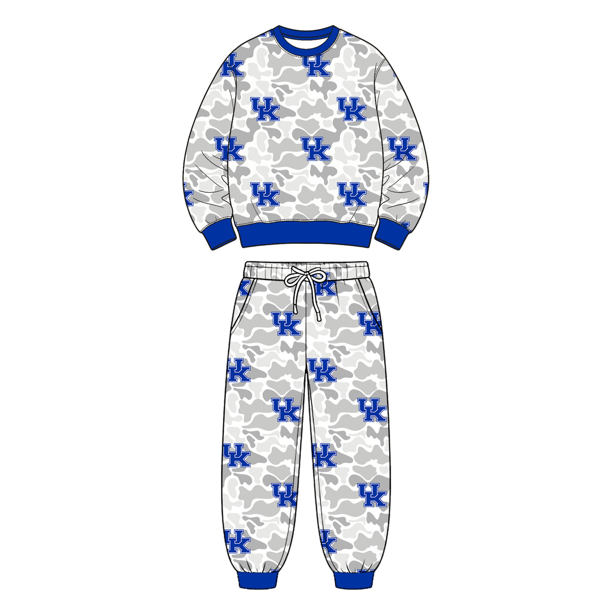 Preorder (moq 5) Kentucky Baby Clothes Grey Camo Logo Mixed Print Long Sleeve Sweatshirt Jogger Pants Outfit Set
