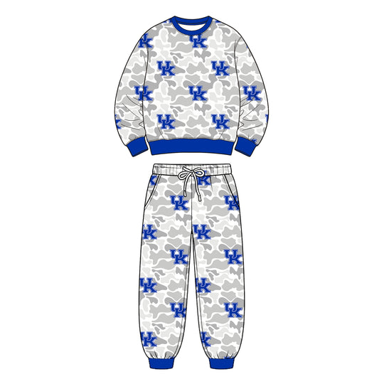 Preorder (moq 5) Kentucky Baby Clothes Grey Camo Logo Mixed Print Long Sleeve Sweatshirt Jogger Pants Outfit Set