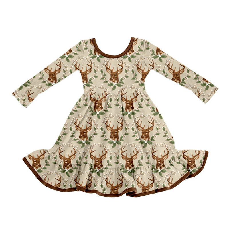 Preorder (moq 5) Baby Girl Clothes Deer Head Holly Leaf Allover Print Long Sleeve Twirl Dress