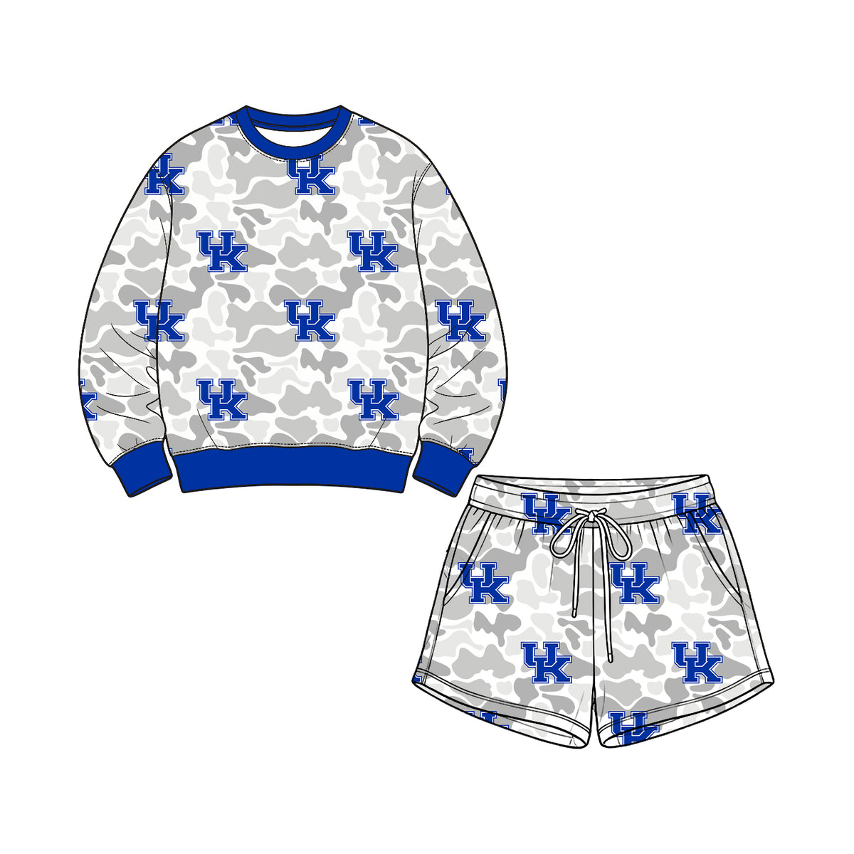 Preorder (moq 5) Kentucky Baby Clothes Grey Camo Logo Mixed Print Long Sleeve Sweatshirt Shorts Outfit Set