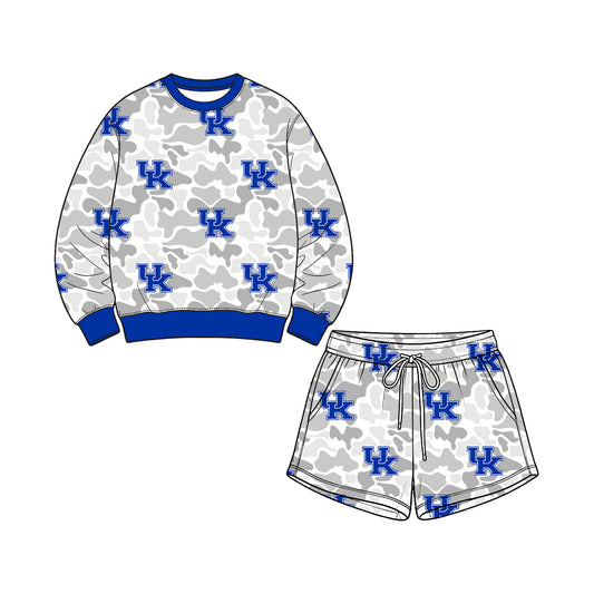 Preorder (moq 5) Kentucky Baby Clothes Grey Camo Logo Mixed Print Long Sleeve Sweatshirt Shorts Outfit Set