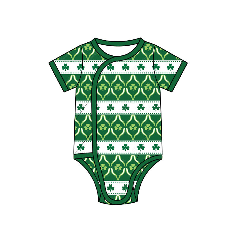 Preorder (moq 5) Baby Girl Clothes St Patricks Clover Geometric Striped Print Short Sleeve Side Snap Bodysuit