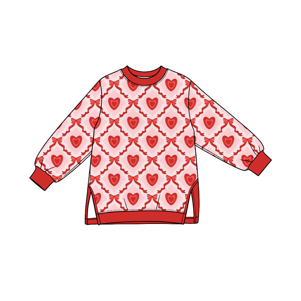 Preorder (moq 5) Baby Girl Clothes Diamond Heart Bow Allover Print Long Sleeve Side Slit Tunic Top