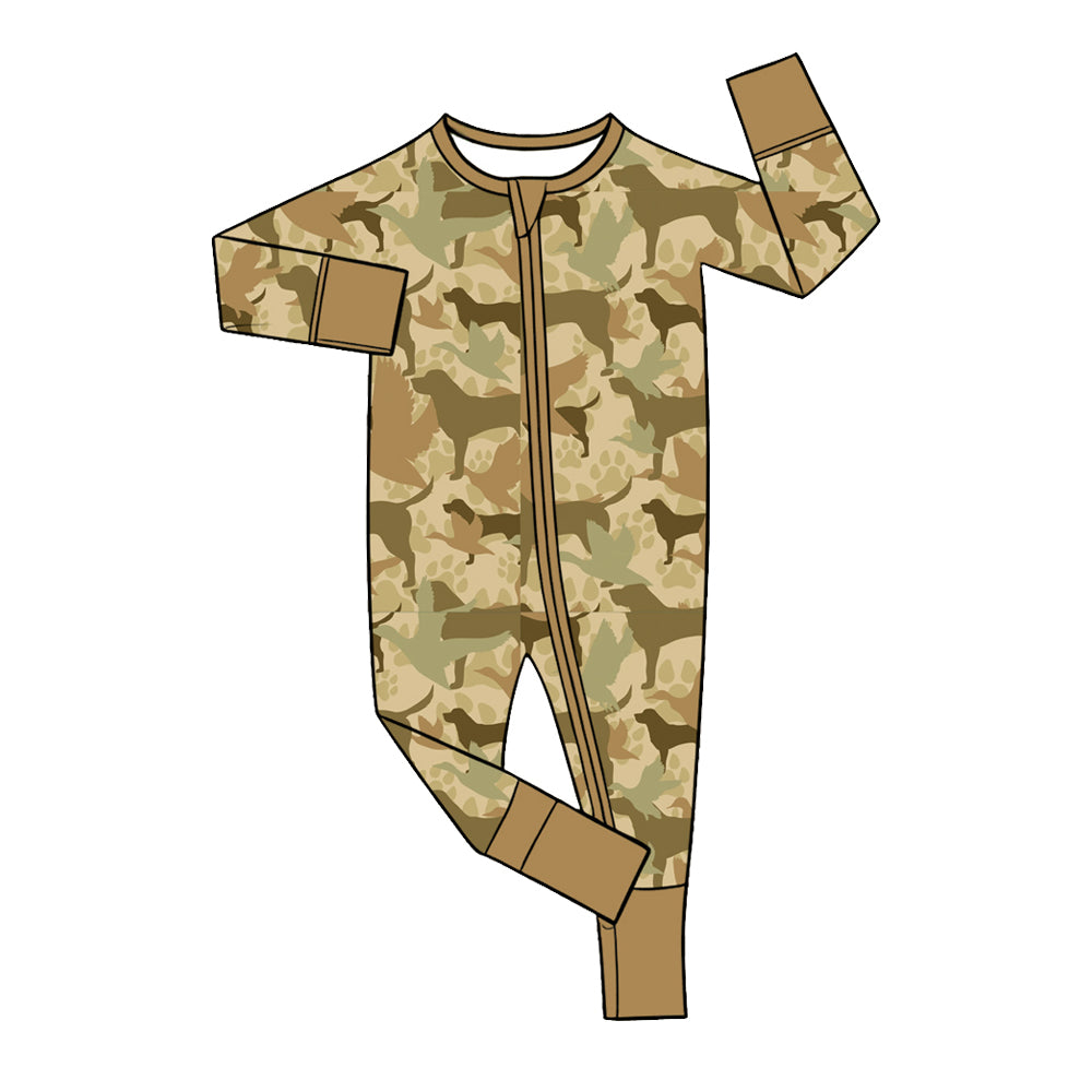 Preorder (moq 5) Baby Boy Clothes Hunting Dog Bird Camo Print Long Sleeve Zipper Jumpsuit