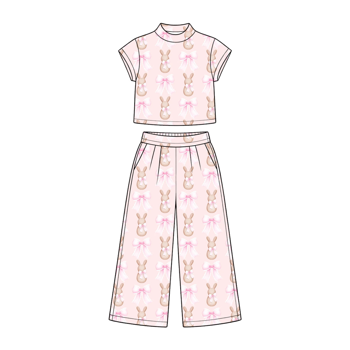 Preorder (moq 5) Baby Girl Clothes Easter Light Pink Pastel Bunny Big Bow Gentle Print Short Sleeve Wide Leg Pant Set