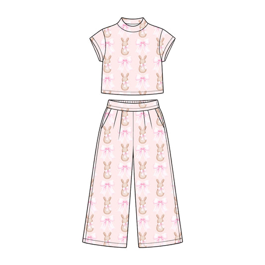 Preorder (moq 5) Baby Girl Clothes Easter Light Pink Pastel Bunny Big Bow Gentle Print Short Sleeve Wide Leg Pant Set