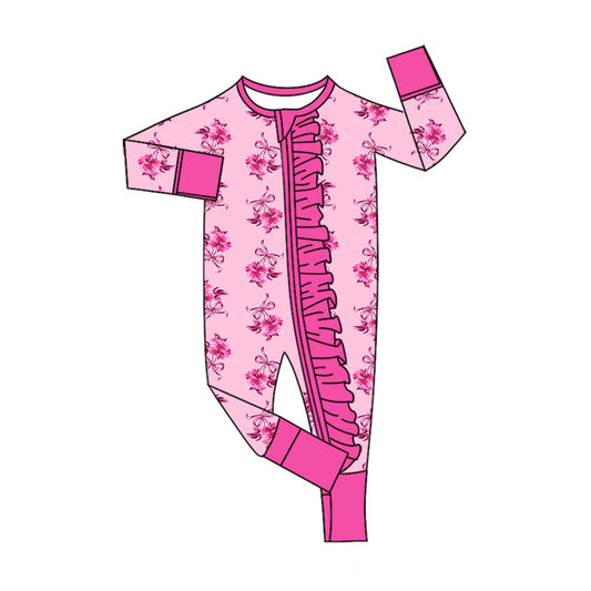 Preorder (moq 5) Baby Girl Clothes Hot Pink Rose Floral Allover Print Long Sleeve Ruffle Zipper Jumpsuit