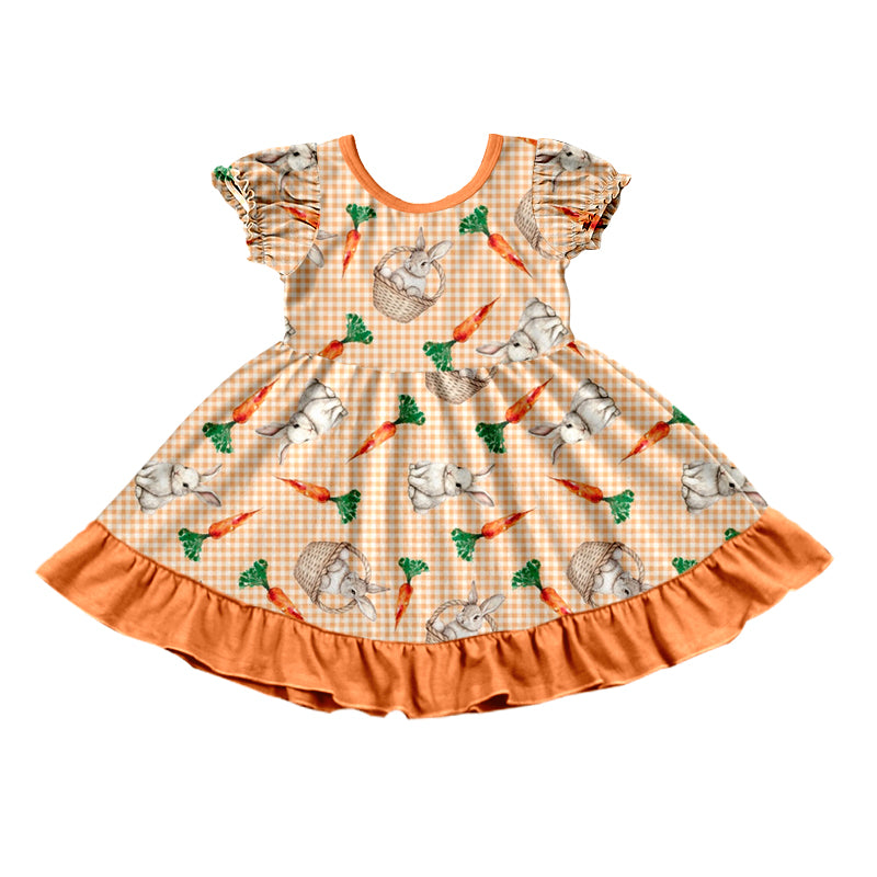 Preorder (moq 5) Baby Girl Clothes Easter Bunny Carrot Basket Gingham Print Short Sleeve Ruffle Twirl Dress