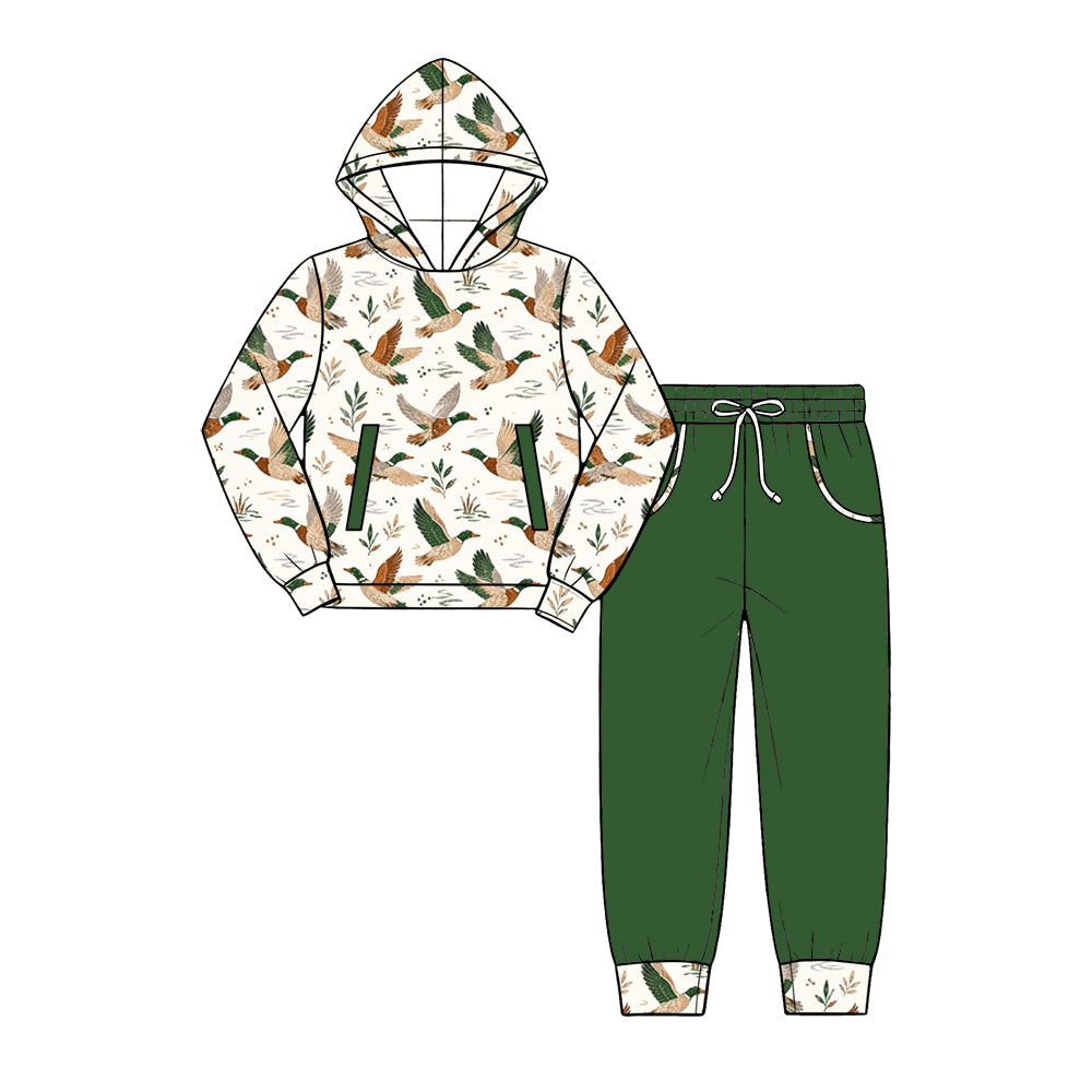 Preorder (moq 5) Baby Boy Clothes Retro Flying Mallard Duck Foliage Print Long Sleeve Hooded Top Jogger Pant Set