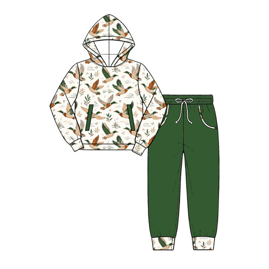 Preorder (moq 5) Baby Boy Clothes Retro Flying Mallard Duck Foliage Print Long Sleeve Hooded Top Jogger Pant Set