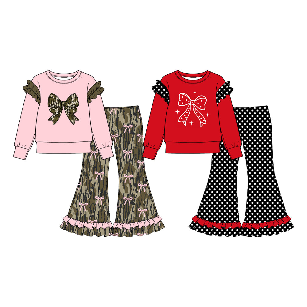 Preorder (moq 5) P1294 Baby Girl Clothes Black Checker Mixed Print Long Sleeve Red Ruffle Flare Pant