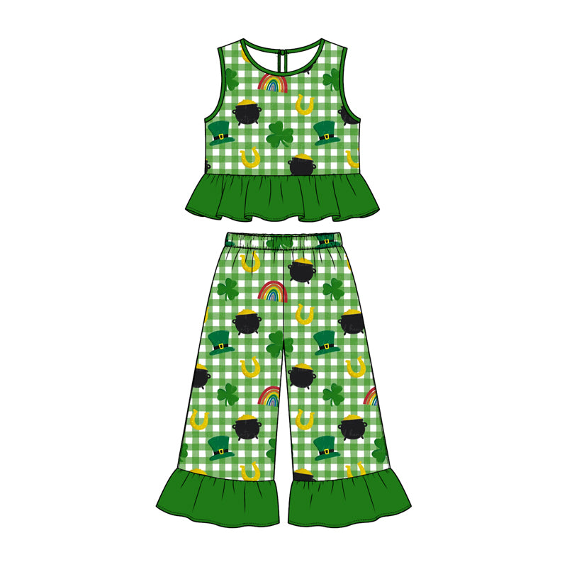 Preorder (moq 5) Baby Girl Clothes St Patrick Gingham Leprechaun Pot Gold Mixed Print Sleeveless Ruffle Flare Pant Set