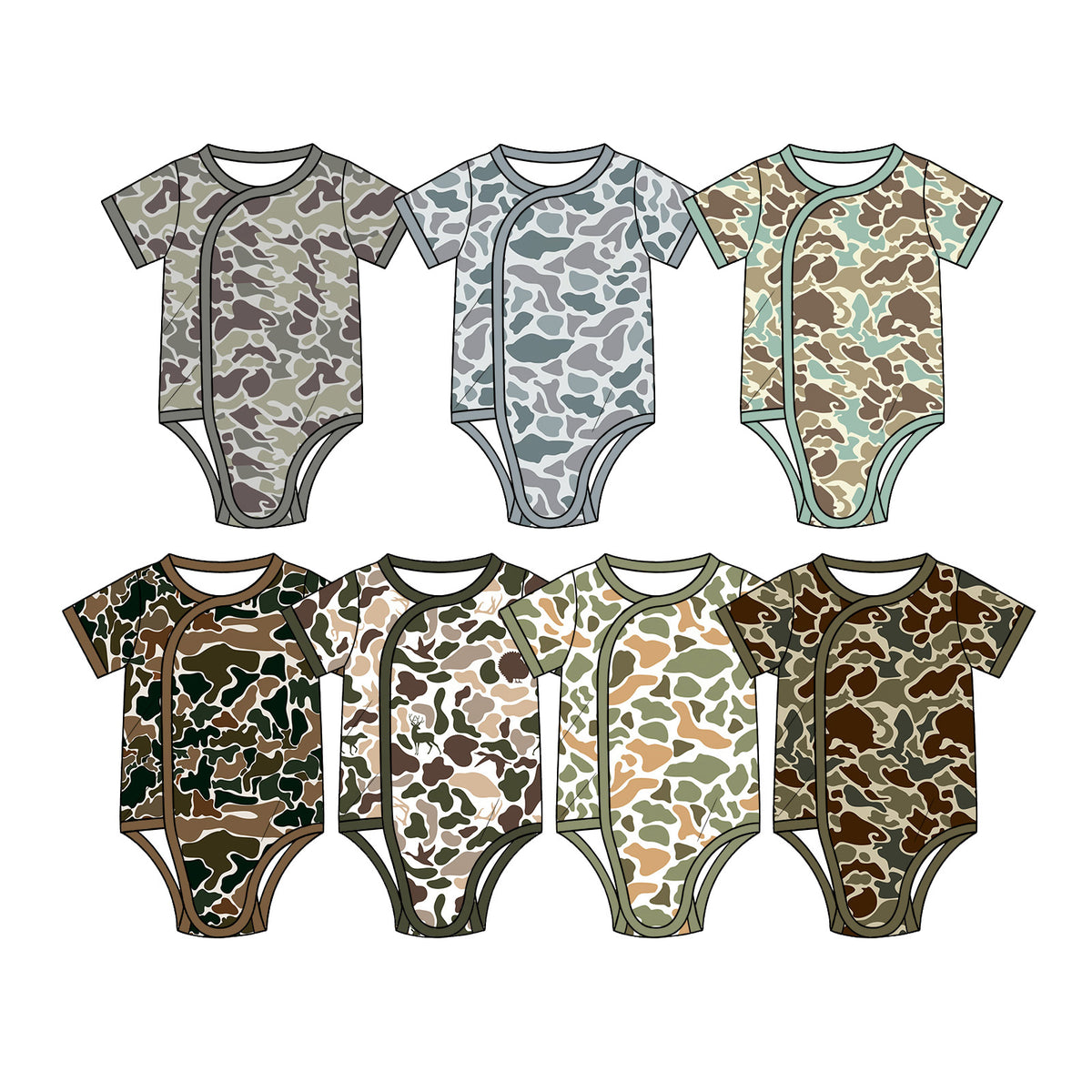 Preorder (moq 5) SR4351 Baby Clothes Dark Forest Duck Camo Print Short Sleeve Side Snap Bodysuit