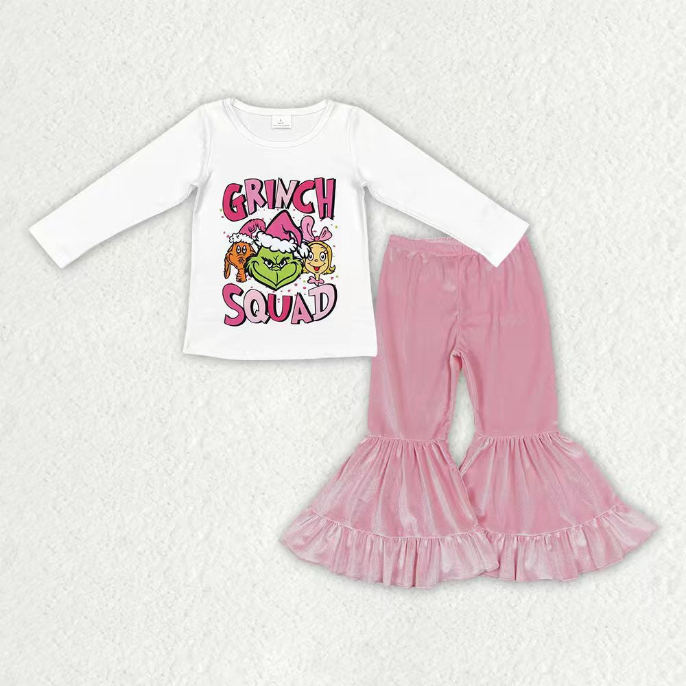 GLP3184组合 grinch season Christmas pink velvet short sleeve kids girl outfit 202511 RTS