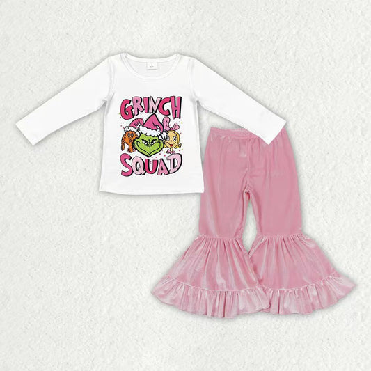 GLP3184组合 grinch season Christmas pink velvet short sleeve kids girl outfit 202511 RTS