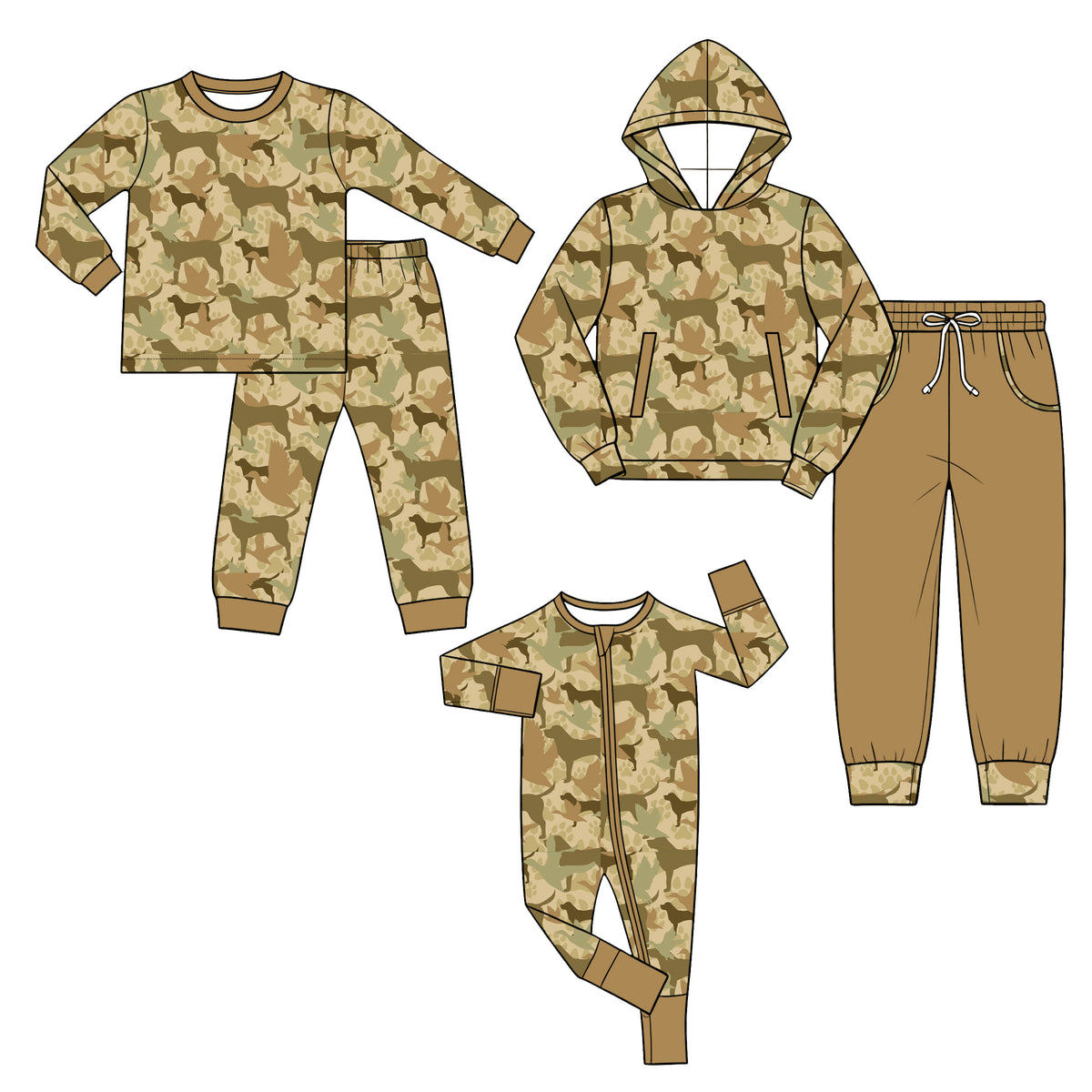 Preorder (moq 5) Baby Boy Clothes Hunting Dog Camo Print Long Sleeve Hoodie Khaki Jogger Pants Outfit Set