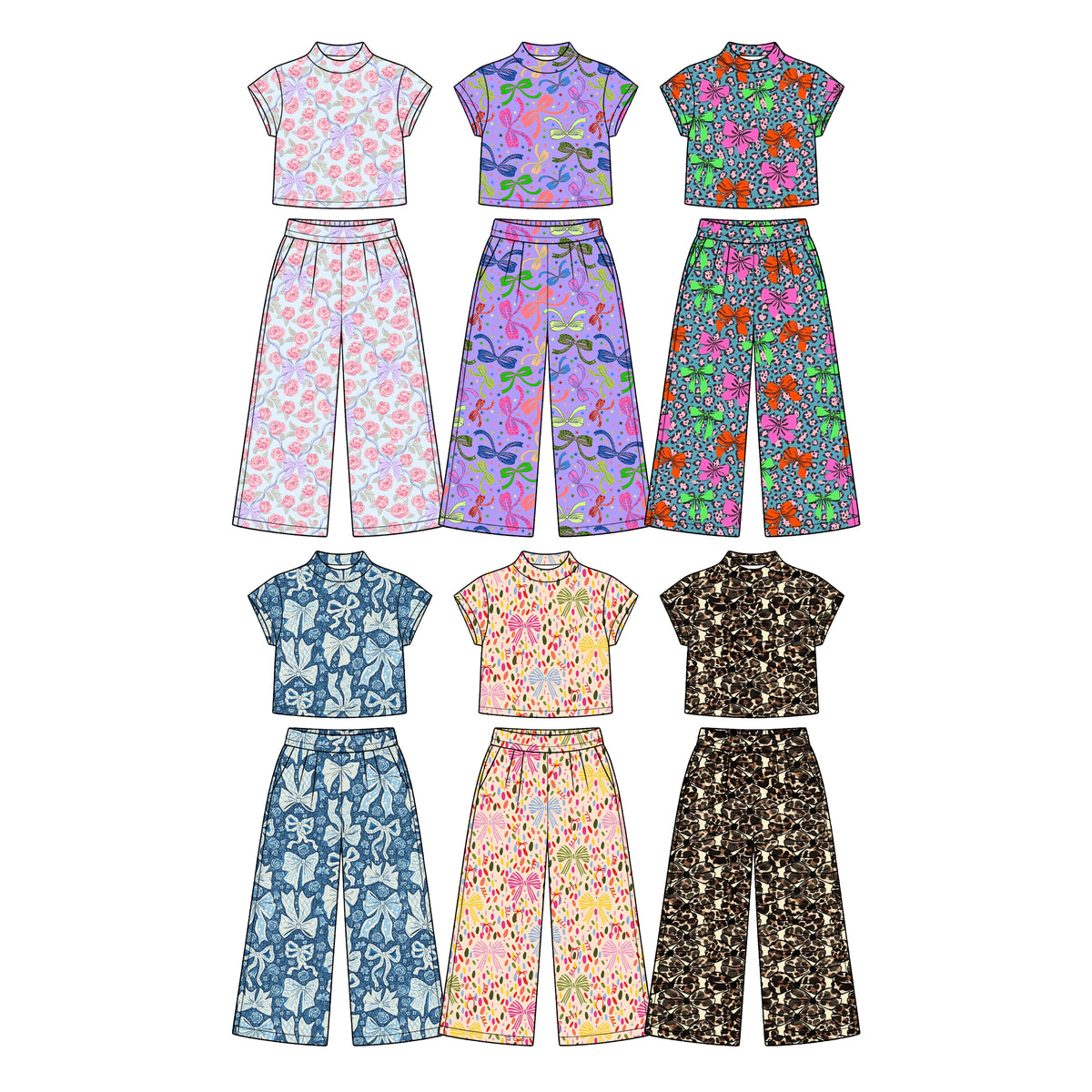 Preorder (moq 5) Baby Girl Clothes Confetti Bow Allover Print Short Sleeve Mock Neck Crop Top Wide Leg Pants Set