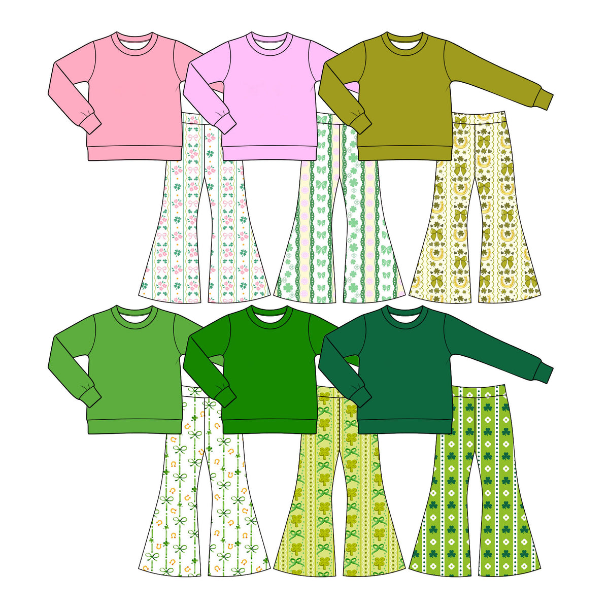 Preorder (moq 5) Baby Girl Clothes St Patricks Day Simple Clover Dot Stripe Print Long Sleeve Flare Pant Set