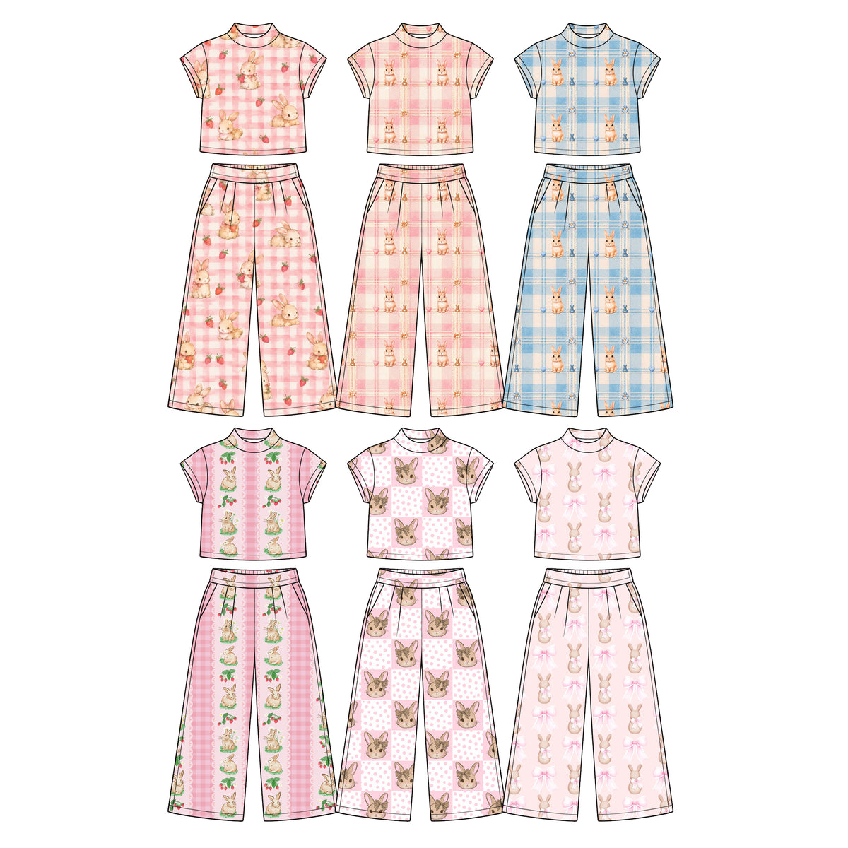 Preorder (moq 5) Baby Girl Clothes Easter Pink Gingham Bunny Strawberry Watercolor Print Short Sleeve Wide Leg Pant Set