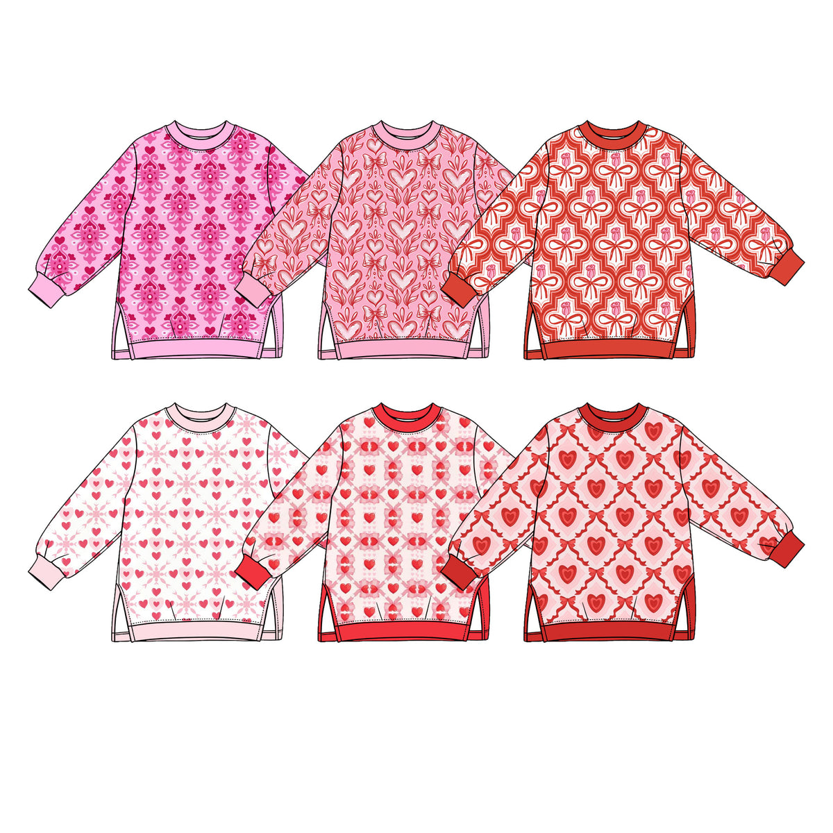 Preorder (moq 5) Baby Girl Clothes Pastel Heart Floral Damask Allover Print Long Sleeve Side Slit Tunic Top