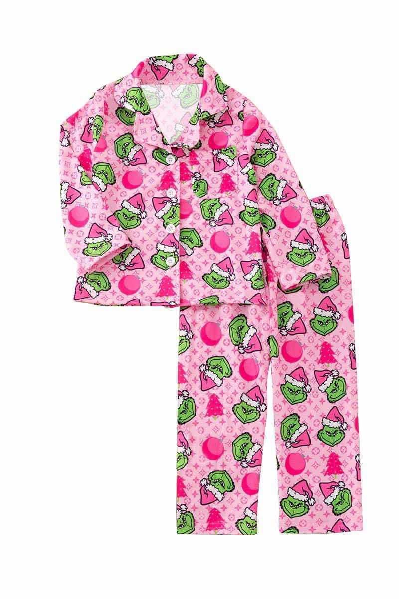 Pink Grinch Lounge Sets custom grinch girl pajamas outfit  MOQ3 kids outfit