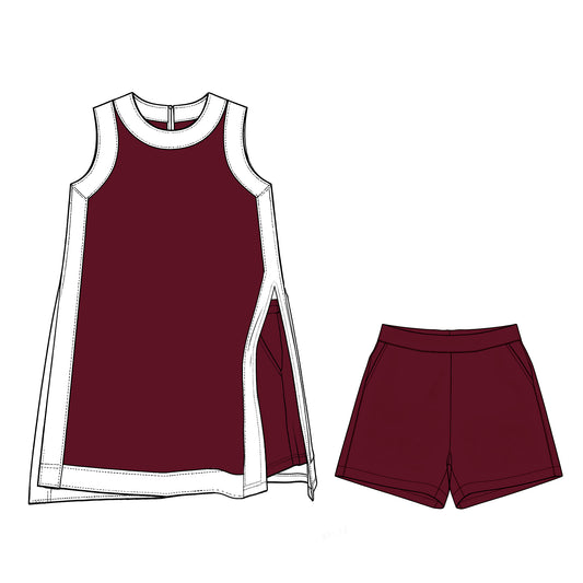 Custom MOQ5 Women adult Burgundy White Contrast Trim Tank & Shorts Set – Sleeveless Active Summer Two Piece Outfit