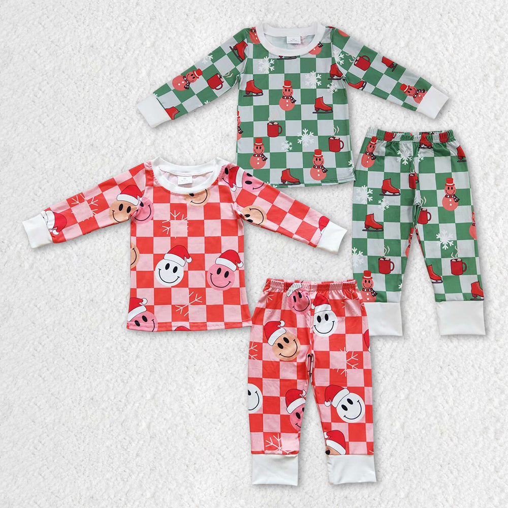 BLP0317 checkerboard snow man long sleeve boy green pajamas outfit RTS 20230917