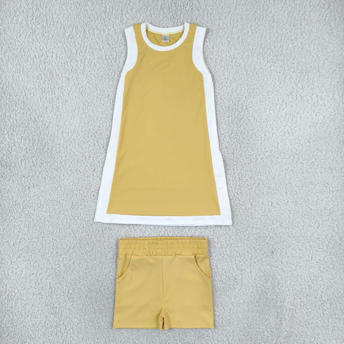 NO MOQ RTS GSSO3845(1)-yoga-bundle Baby Girl Clothes Solid Yellow Sleeveless Tank Dress And Short Set 202610
