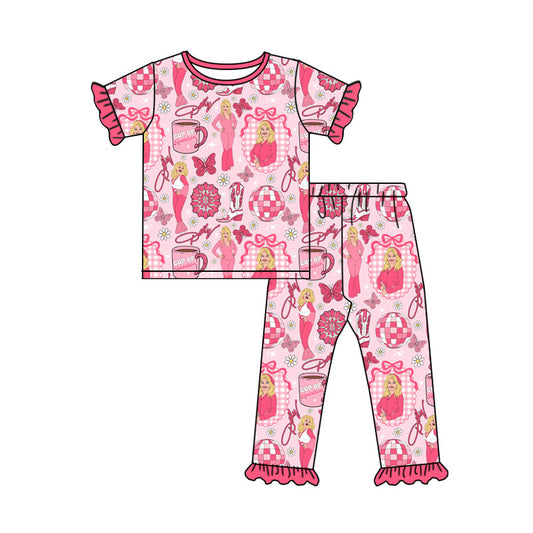 Preorder (moq 5) Baby Girl Clothes Country Singer Character Print Short Sleeve Ruffle Top Long Pant Pajama Set