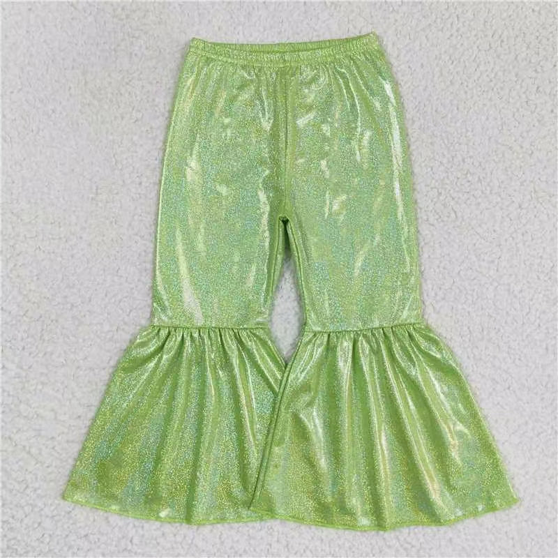 P0189 satin fabric gilding girl green bell bottom long girl pants 20230609 RTS