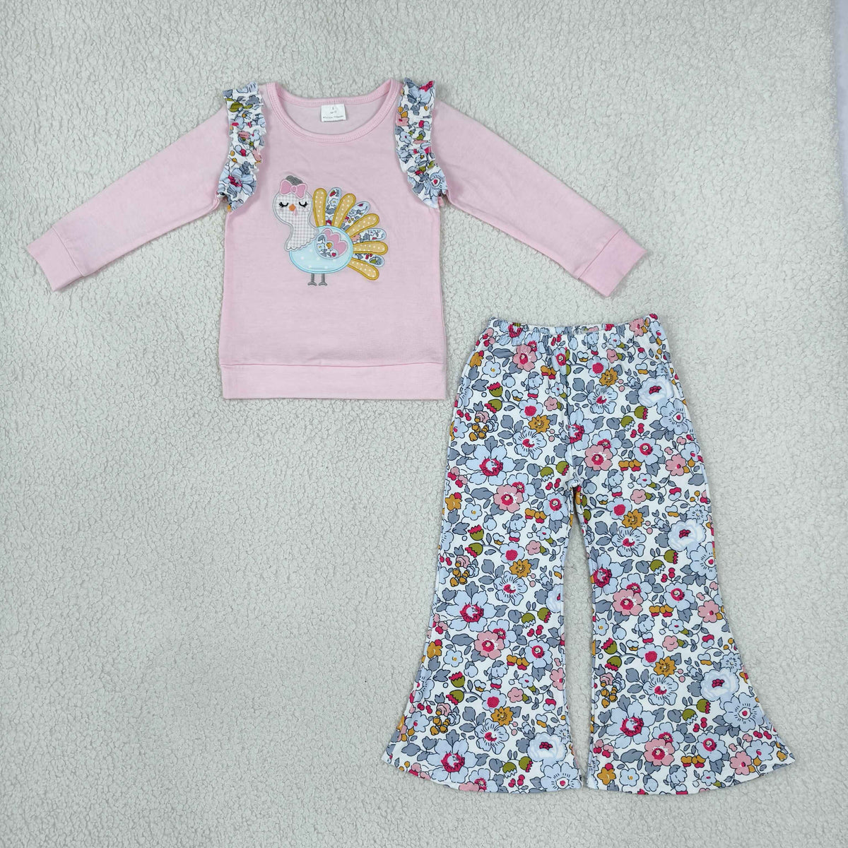 NO MOQ RTS GLP3597-embroidery (2) Baby Girl Clothes Thanksgiving Turkey Floral Print Long Sleeve Flare Pant Set 202610