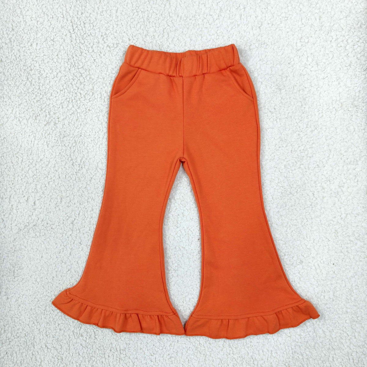NO MOQ RTS P1073 Baby Girl Clothes Solid Orange Plain Long Sleeve Ruffle Hem Flare Pants 202610