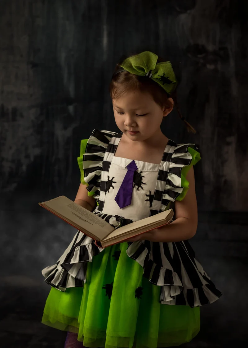 GSD1411 Halloween sibling tie green tulle bat stripe girl dress 202408 preorder