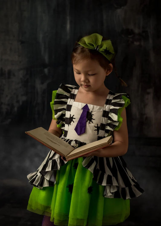 GSD1411 Halloween sibling tie green tulle bat stripe girl dress 202408 preorder