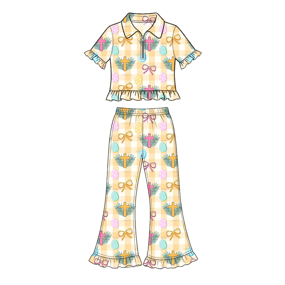 Preorder (moq 5) Baby Girl Clothes Easter Cross Egg Bow Gingham Print Short Sleeve Ruffle Flare Pant Set