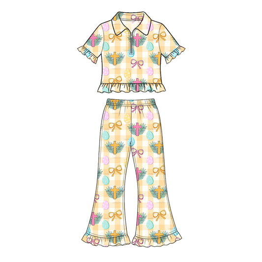 Preorder (moq 5) Baby Girl Clothes Easter Cross Egg Bow Gingham Print Short Sleeve Ruffle Flare Pant Set