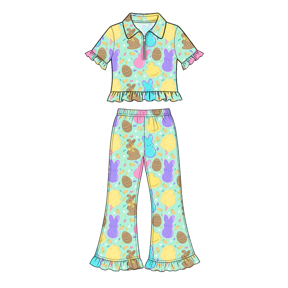 Preorder (moq 5) Baby Girl Clothes Easter Bunny Cookie Candy Waffle Print Short Sleeve Ruffle Flare Pant Set