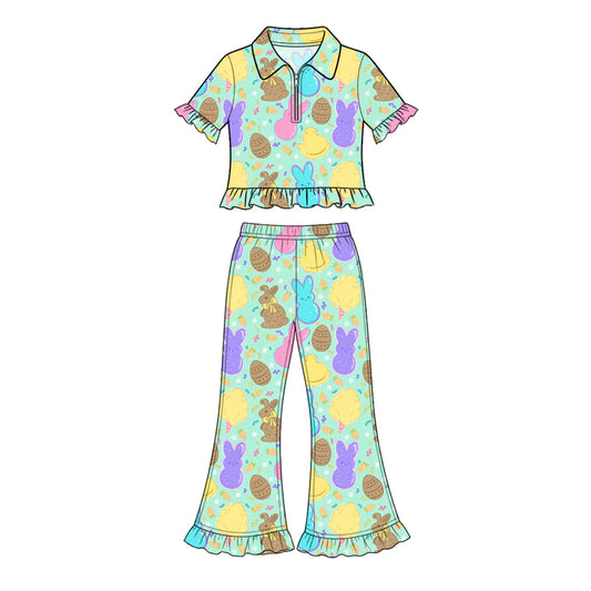 Preorder (moq 5) Baby Girl Clothes Easter Bunny Cookie Candy Waffle Print Short Sleeve Ruffle Flare Pant Set
