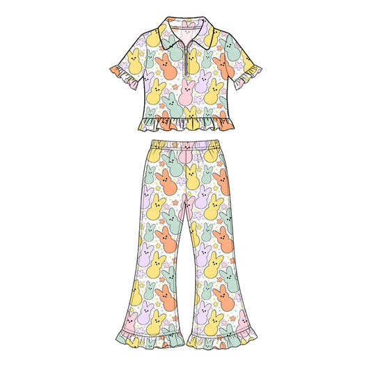 Preorder (moq 5) Baby Girl Clothes Easter Peeps Bunny Pastel Print Short Sleeve Ruffle Flare Pant Set